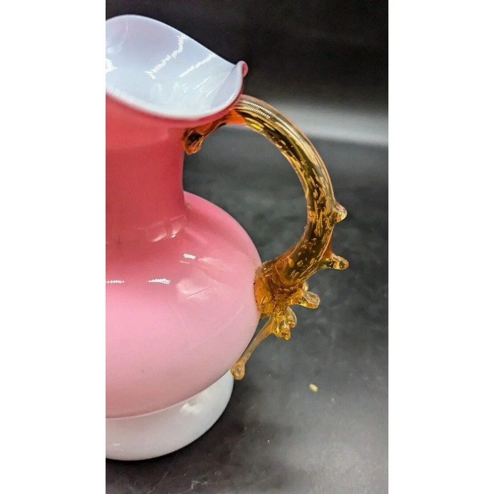Stevens Williams Cased Peachblow Cranberry Glass Pitcher Thorn Amber Handle 5.75